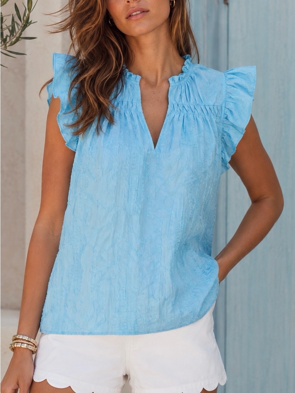 NWT Ramy Brook ‘Wendy’ Flutter Sleeve Textured Top in “Sky Blue” Size XXS